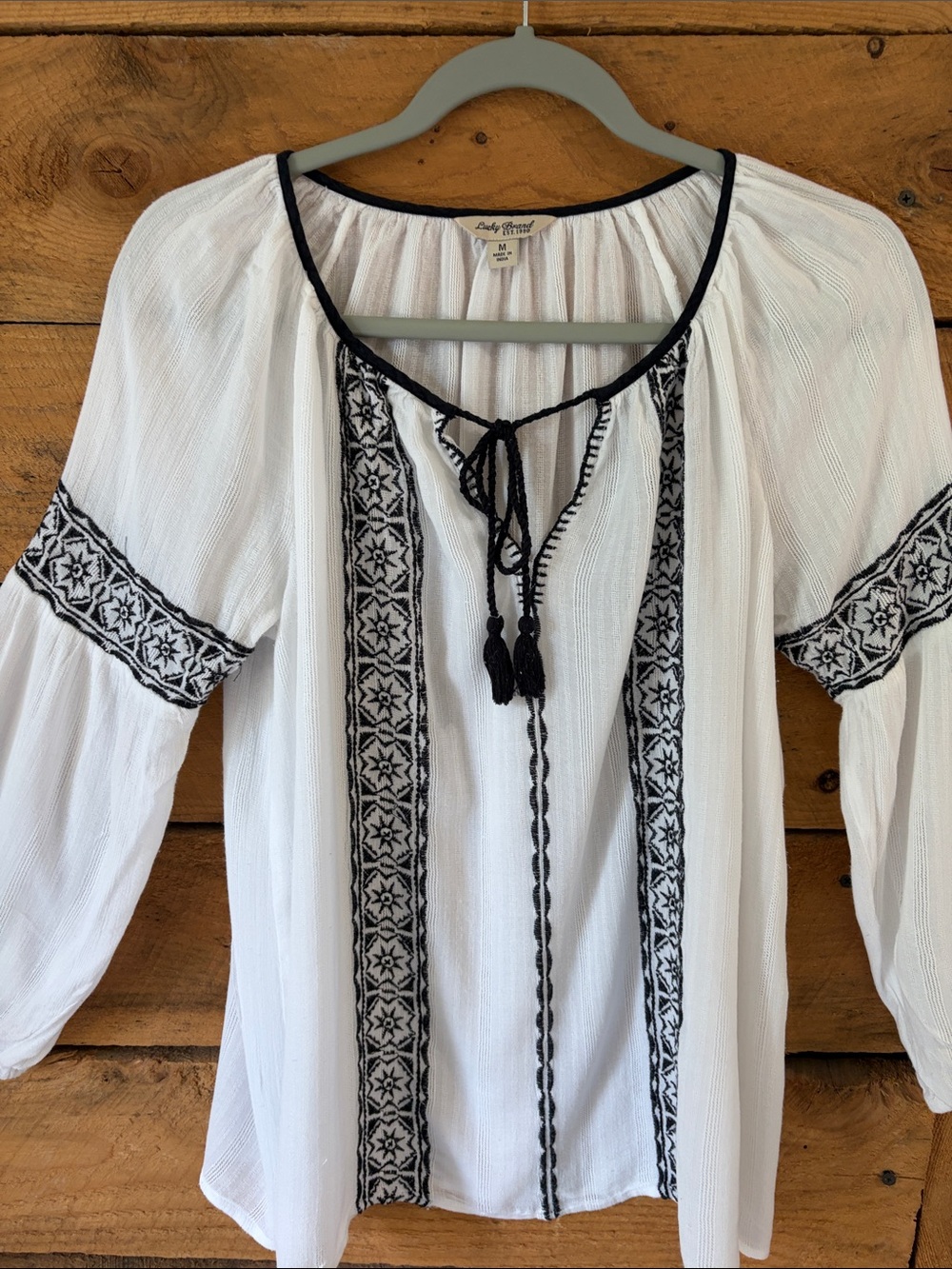 Lucky Brand White Peasant Blouse with Black Embroidery